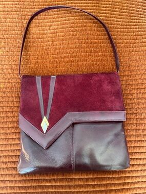 Burgundy Two-Tone Suede & Leather Vintage Shoulder Bag